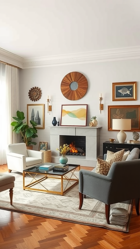 A stylish living room with curated decor, including artwork and plants, showcasing a mix of vintage and modern elements.