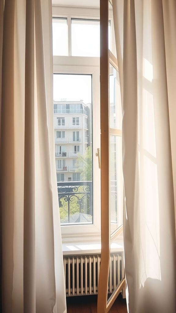 Bright and airy window with sheer white curtains and a view of a balcony