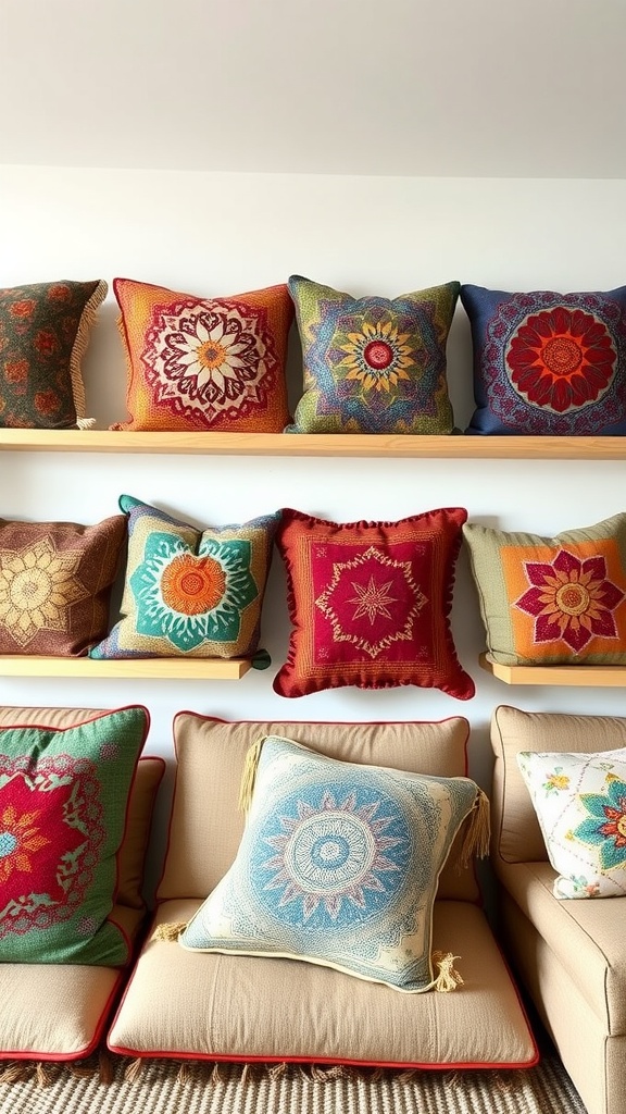 Colorful boho cushions displayed on a shelf above a couch