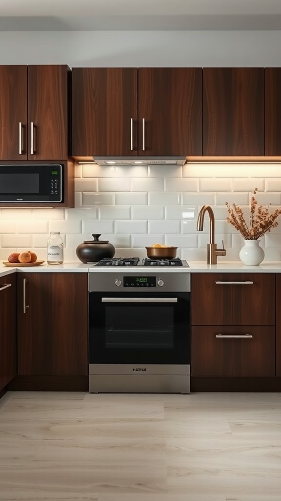 Modern kitchen with custom brown cabinetry and sleek appliances