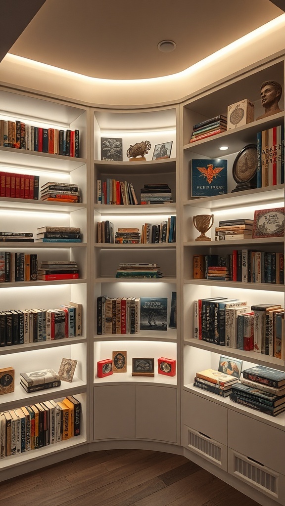 Stylish custom built-in shelving units showcasing books and decorative items.