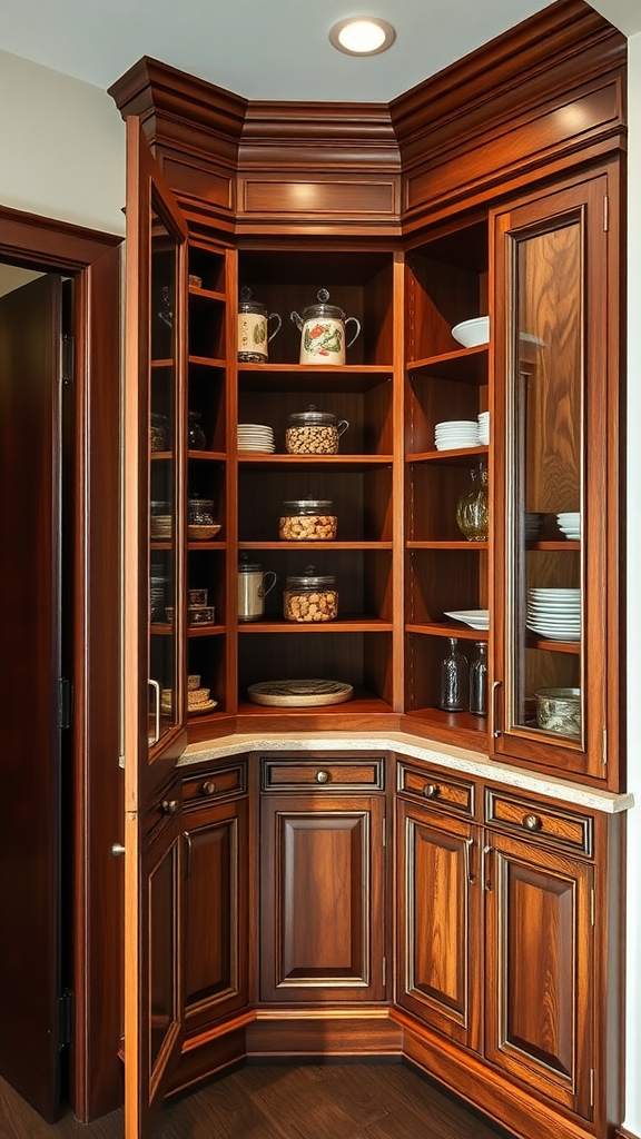 A beautifully designed corner kitchen pantry with custom wooden cabinets and glass doors.