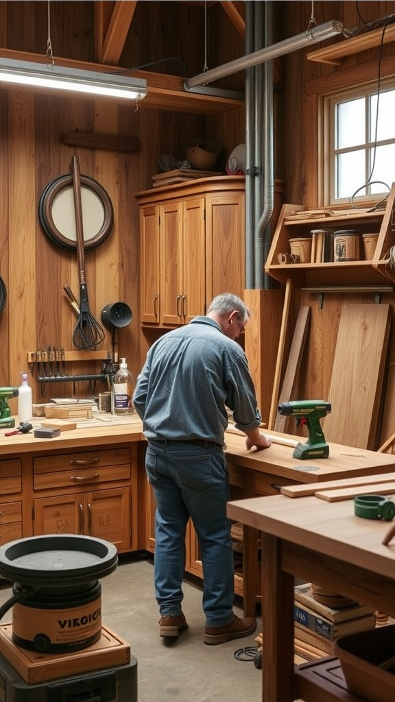 A man looks at custom hickory kitchen cabinets in a workshop.