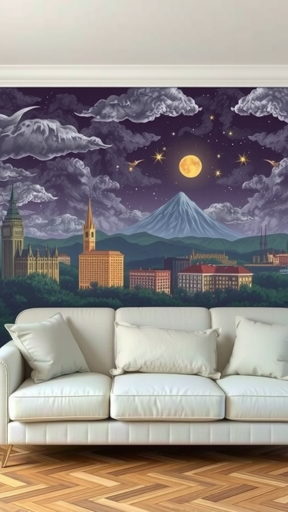 A beautifully designed mural depicting a city skyline at night with mountains and a large moon.