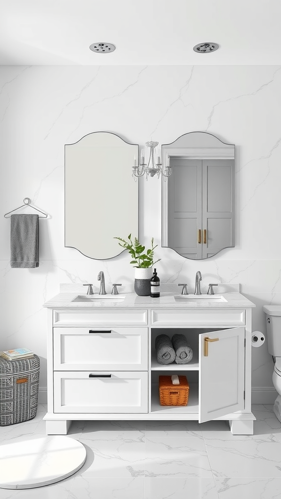 Modern luxury bathroom with a custom vanity design featuring dual sinks and stylish decor.