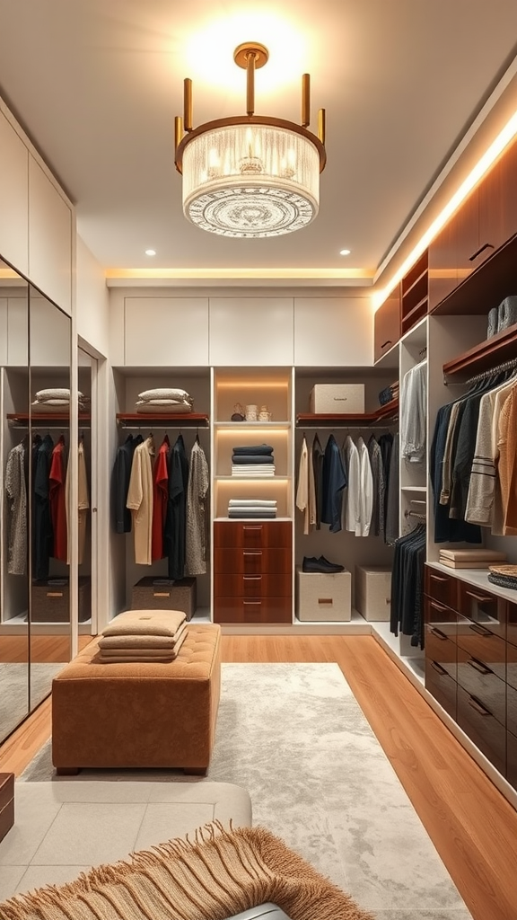 A luxurious walk-in closet featuring elegant storage solutions, a plush ottoman, and warm lighting.