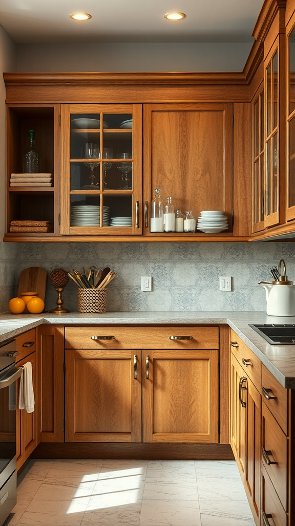 A warm wooden kitchen with customized cabinetry and organized storage.