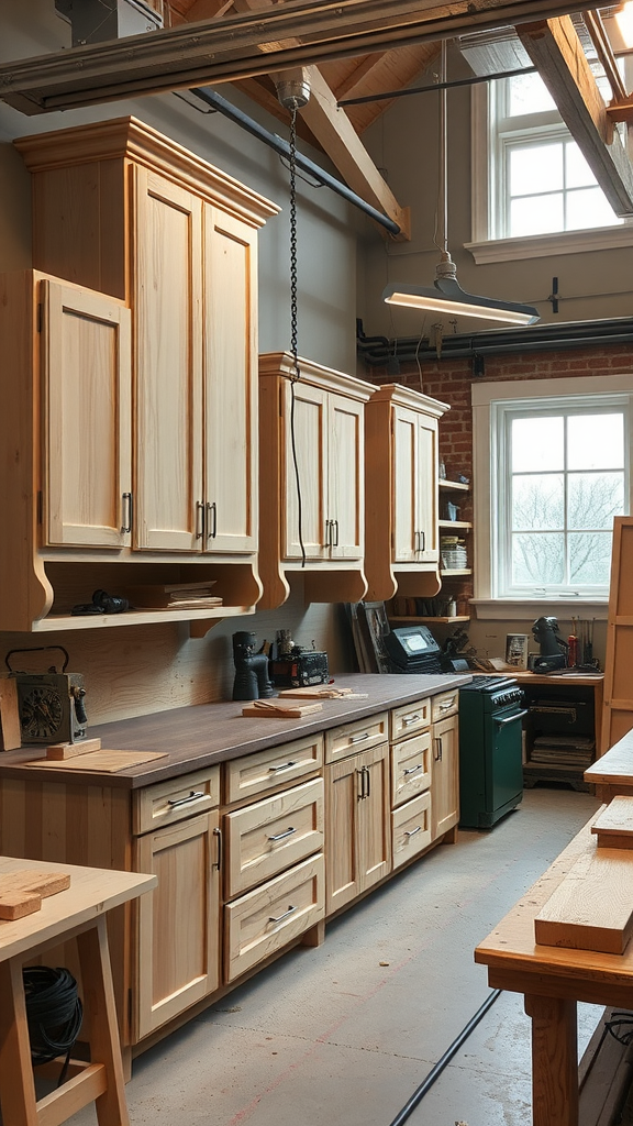 A modern kitchen featuring lightwood cabinets with a countertop and various kitchen tools.