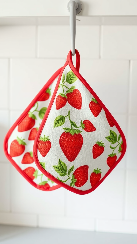 Strawberry patterned pot holders hanging in a kitchen