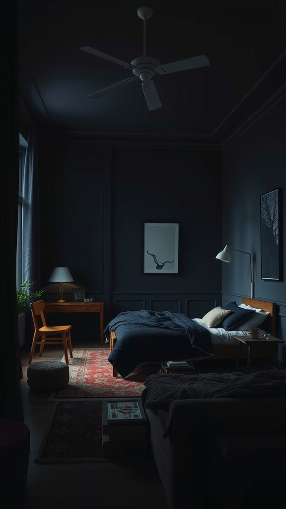 A dark and moody men's bedroom with deep colors, a cozy bed, and soft lighting.