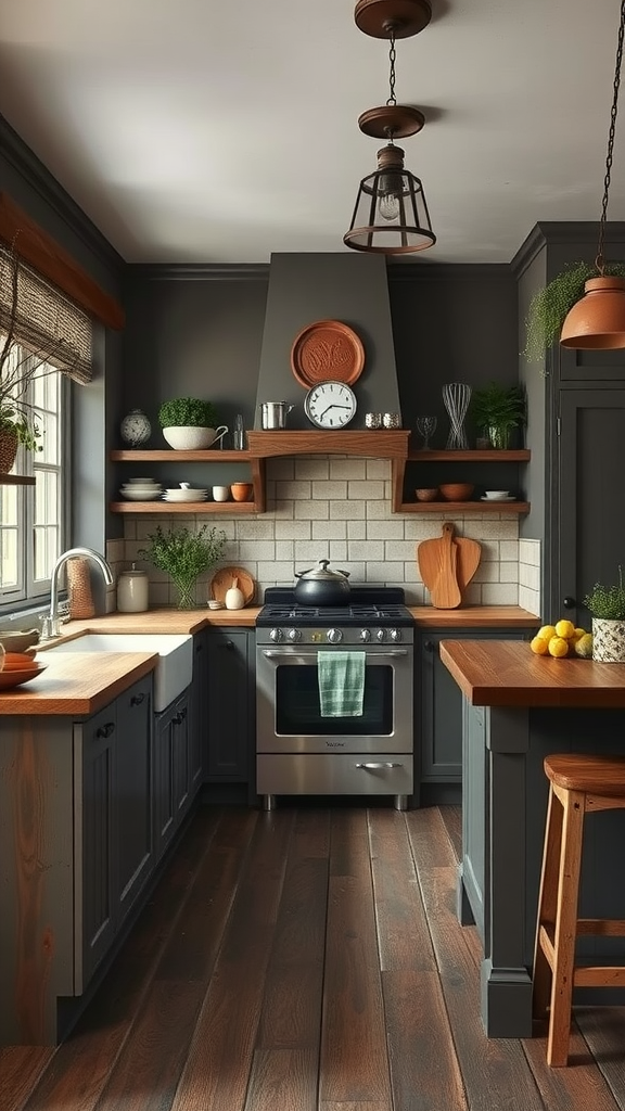 A dark brown farmhouse style kitchen featuring wooden elements and modern appliances.