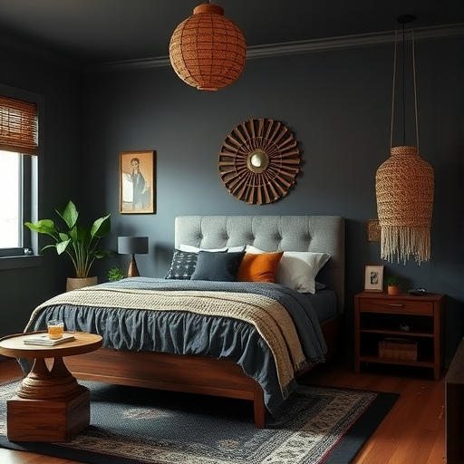 A cozy bedroom featuring dark wood accents, including a bed frame and side table, complemented by a rich color palette.