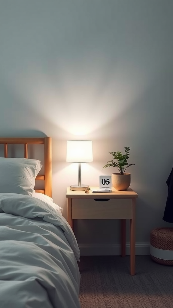 A minimalist nightstand with a lamp, plant, and clock, showcasing a decluttered dorm room vibe.