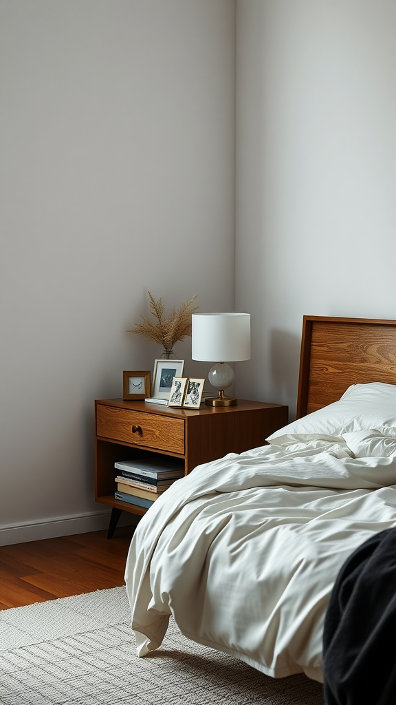 A minimalist bedroom featuring a decluttered nightstand with a lamp and framed photos.