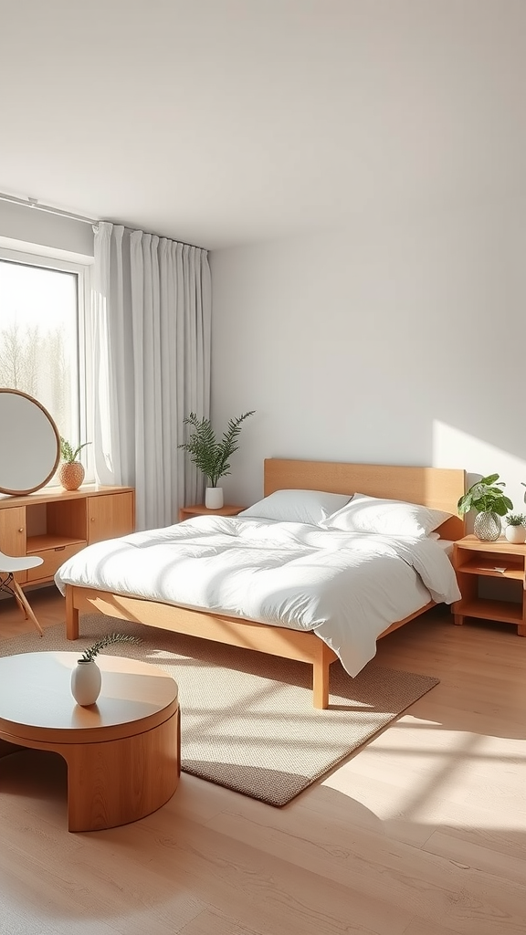 A clean and bright bedroom with wooden furniture and natural light.