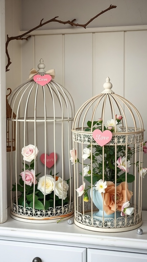 Decorative birdcages with flowers and love-themed decorations