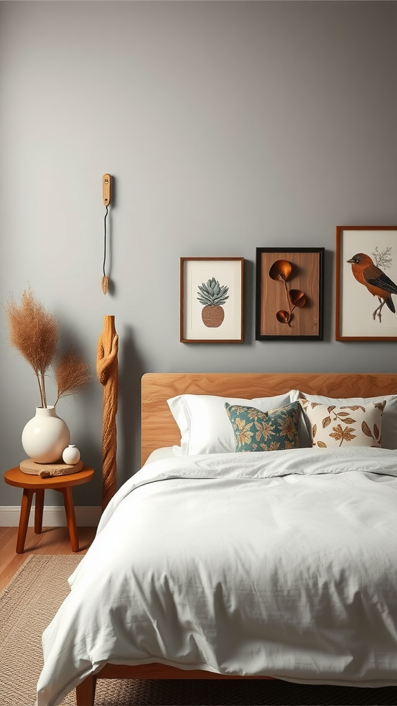 Cozy bedroom with wooden bed, decorative pillows, and nature-inspired wall art