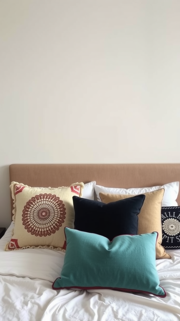 A variety of decorative pillows on a bed in a cozy dorm room setting.