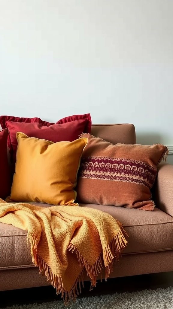 A cozy living room sofa with decorative pillows in warm tones.