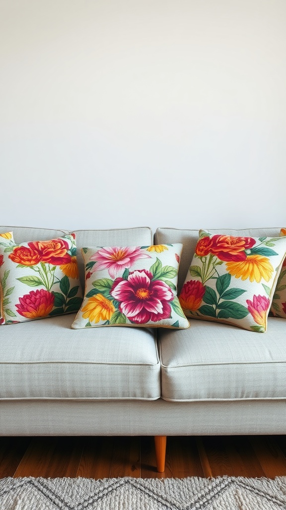 A light sofa adorned with colorful floral patterned decorative pillows.