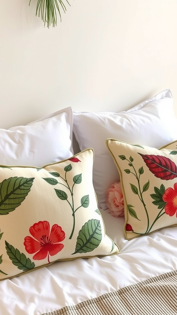 Decorative pillows with floral designs on a bed.