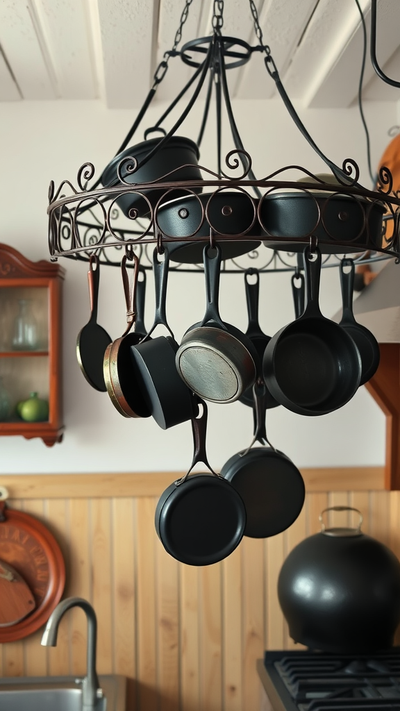 A decorative pot rack hanging from the ceiling, displaying various pots and pans in a cozy kitchen setting.