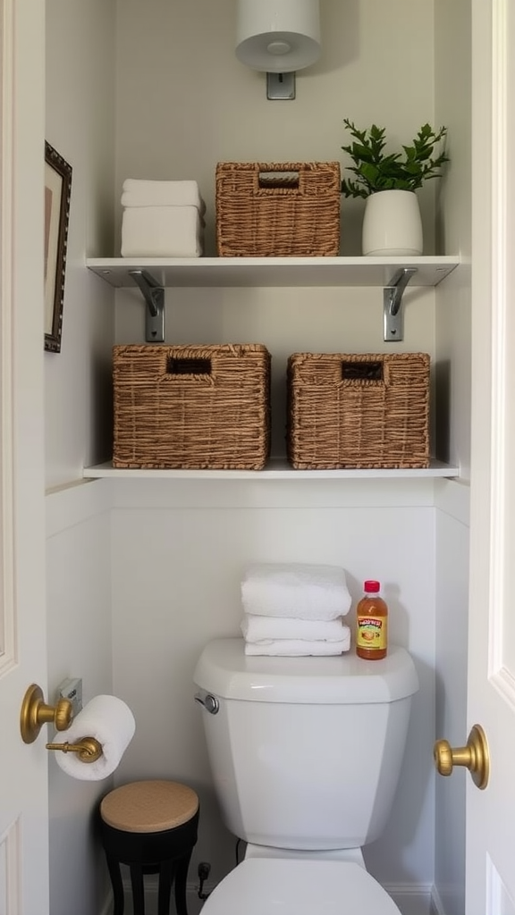 Decorative storage baskets on shelves above a toilet in a bathroom.