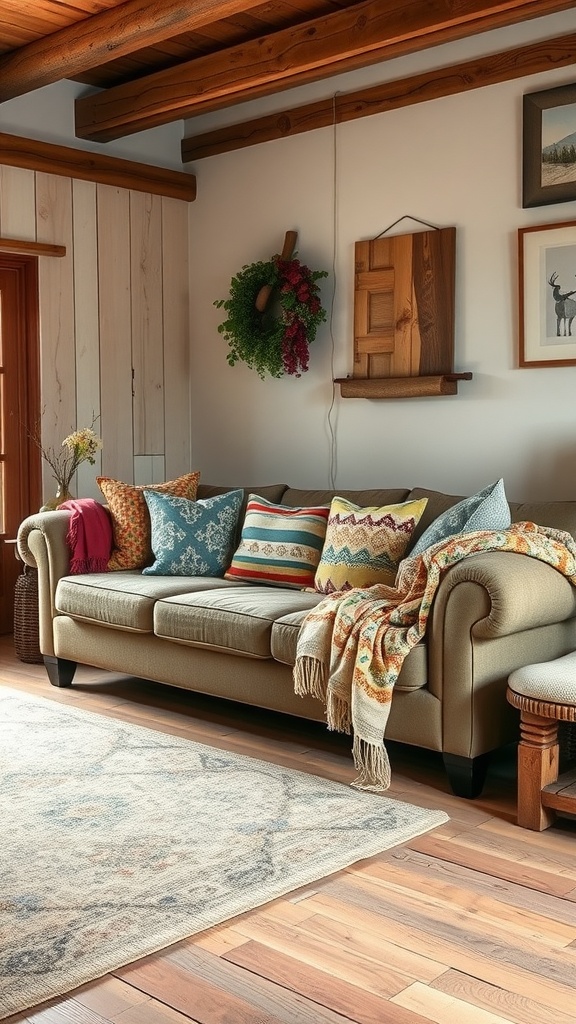 A cozy living room with a beige sofa adorned with colorful decorative throw pillows.