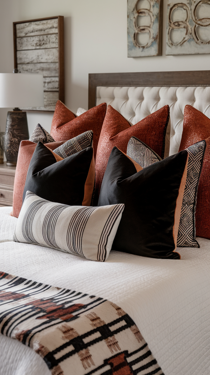 A beautifully arranged bed with decorative throw pillows in black and rust colors, showcasing different textures and patterns.