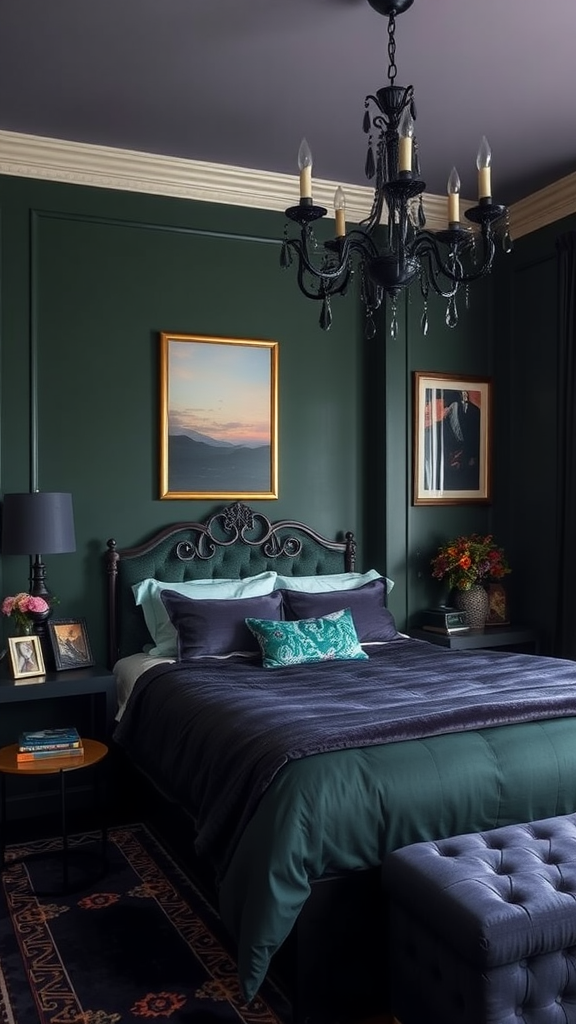 A stylish bedroom featuring deep jewel tones, with a green wall, elegant chandelier, and cozy bedding.