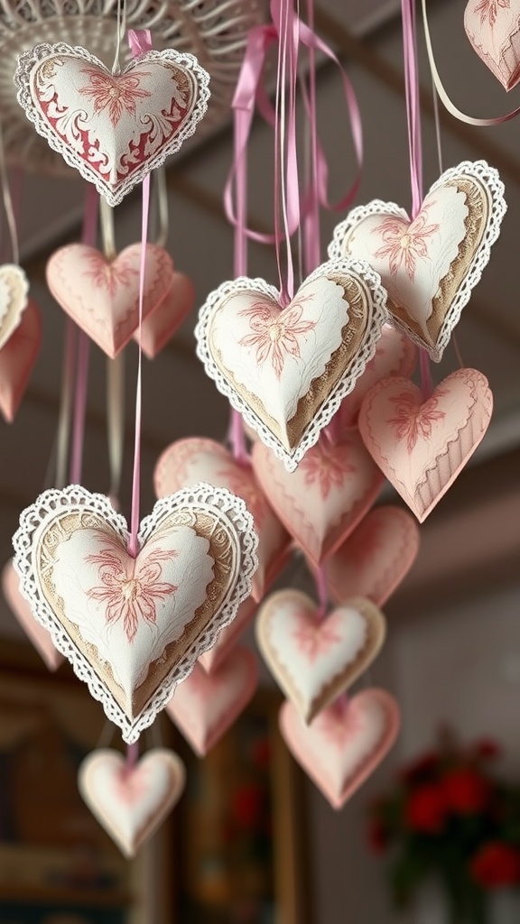 Decorative paper mache hearts hanging with ribbons in soft colors.