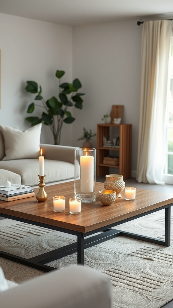 Cozy living room with candles and natural accents