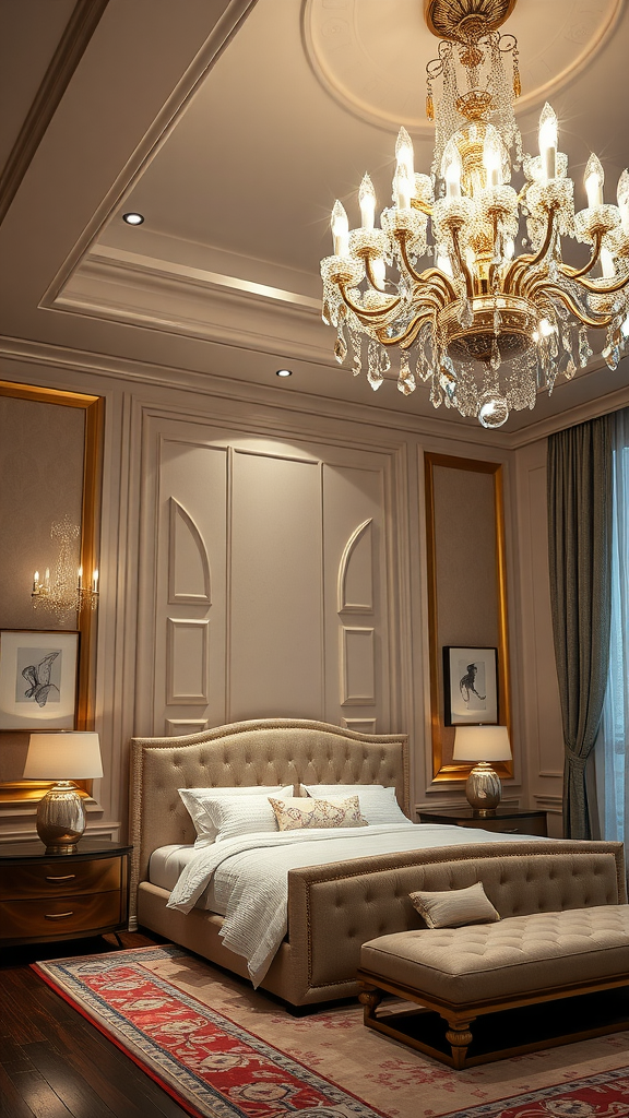 Luxury master bedroom featuring a chandelier and elegant decor