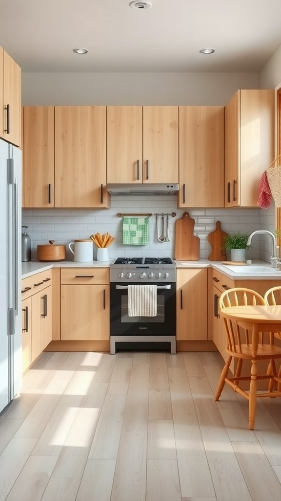 A cozy kitchen featuring lightwood cabinets and a dining area, showcasing a family-friendly design.