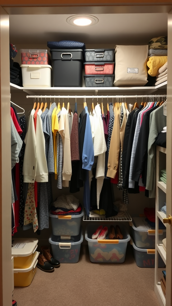 A well-organized closet with various clothing items hung neatly and storage bins on shelves.