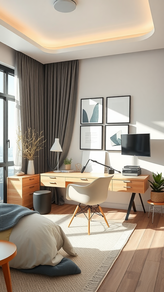 Stylish men's bedroom with a modern desk, chair, and decor