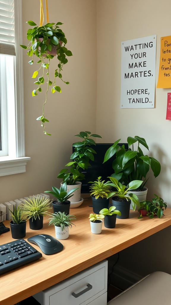 A cozy desk corner featuring various potted plants on a wooden desk with a keyboard and mouse.