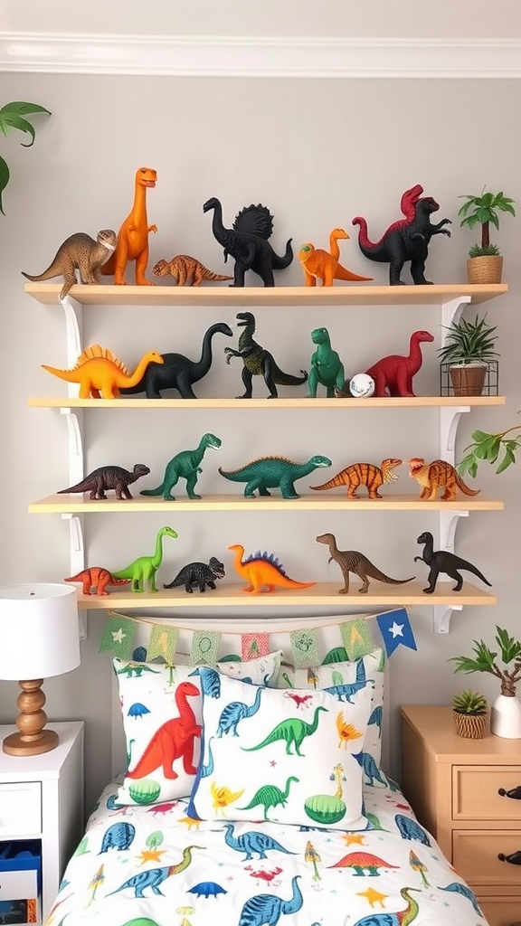 A collection of colorful dinosaur figurines displayed on shelves above a bed with dinosaur-themed bedding.