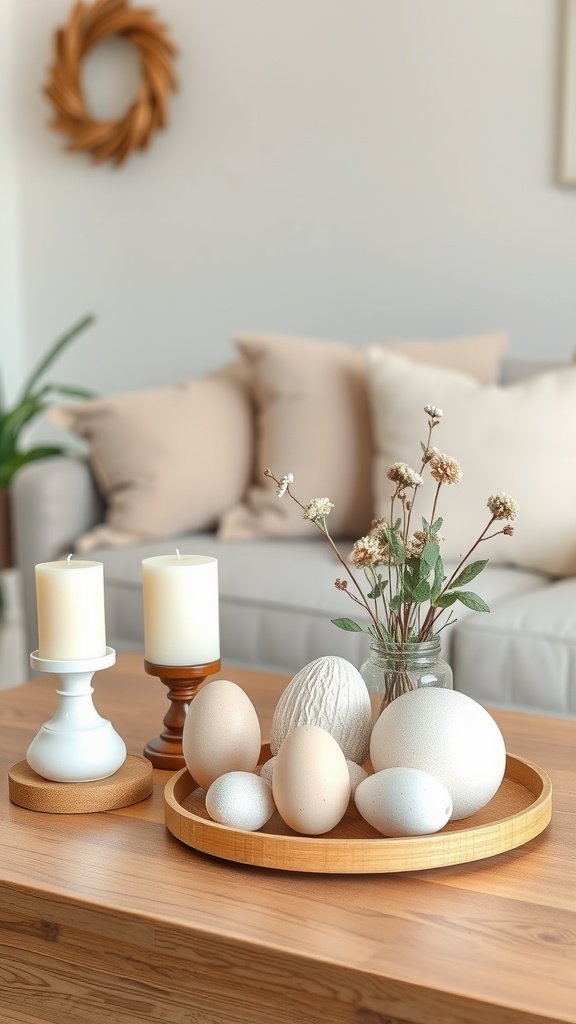 A spring-themed living room decor featuring a wooden tray with eggs and candles.