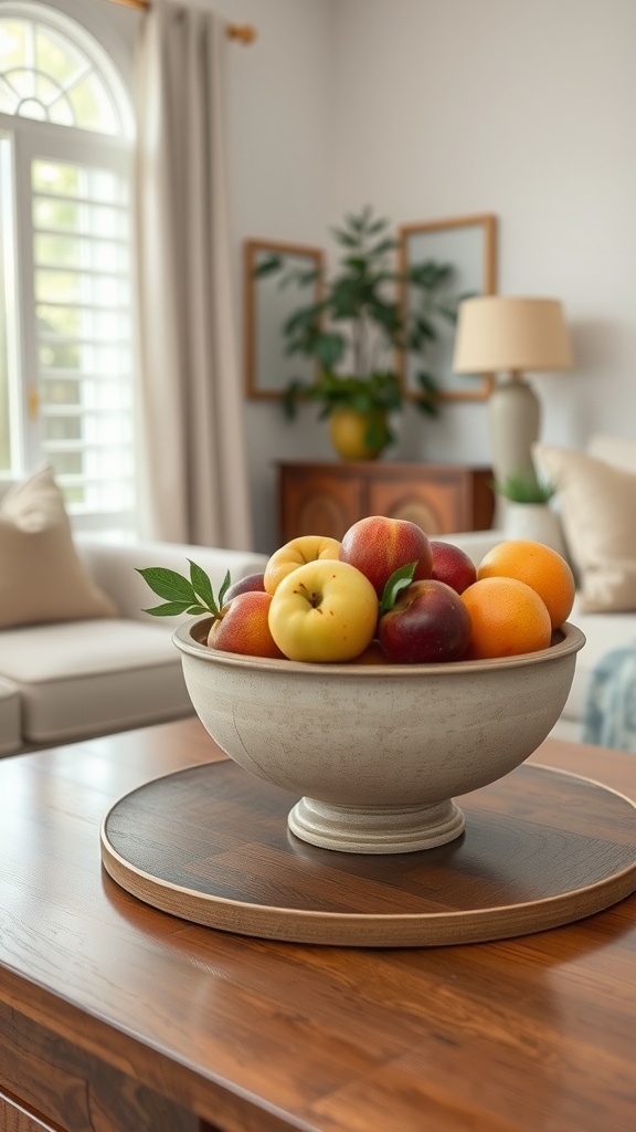 A bowl of fresh fruits on a coffee table in a cozy living room.