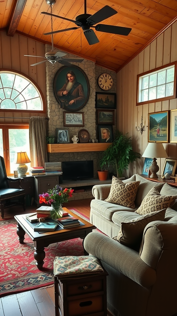 A cozy ranch-style living room with personal collections displayed on the walls and a coffee table.