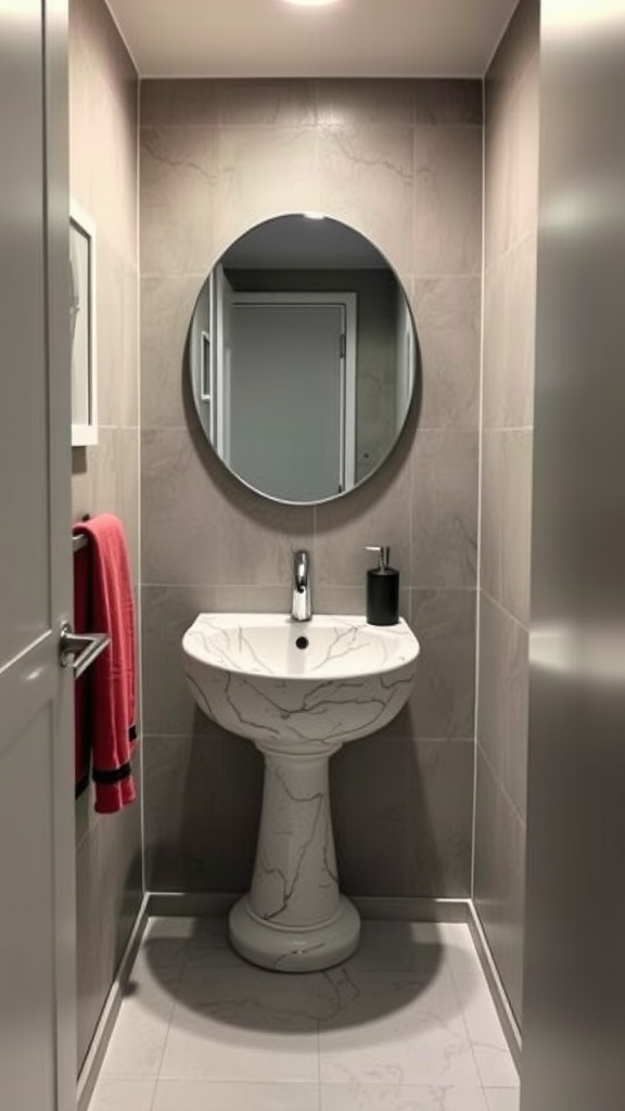 A modern small bathroom featuring a distinctive marble pedestal sink and a round mirror.