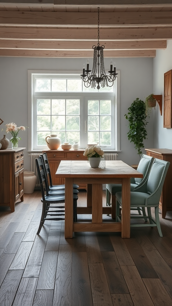 A cozy dining area with distressed wooden furniture, showcasing a rustic table and mixed seating.