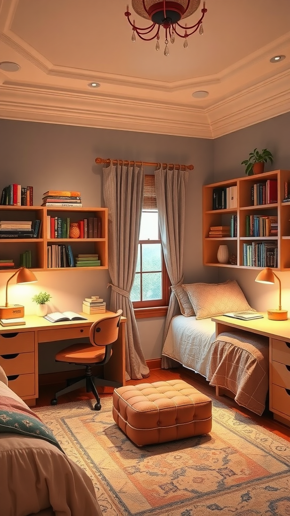 Cozy study area with warm lighting, bookshelves, and comfortable furniture.