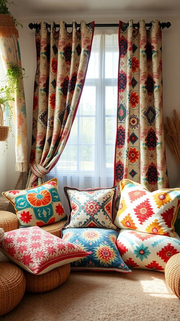 A bright and cozy playroom featuring colorful patterned pillows and curtains.