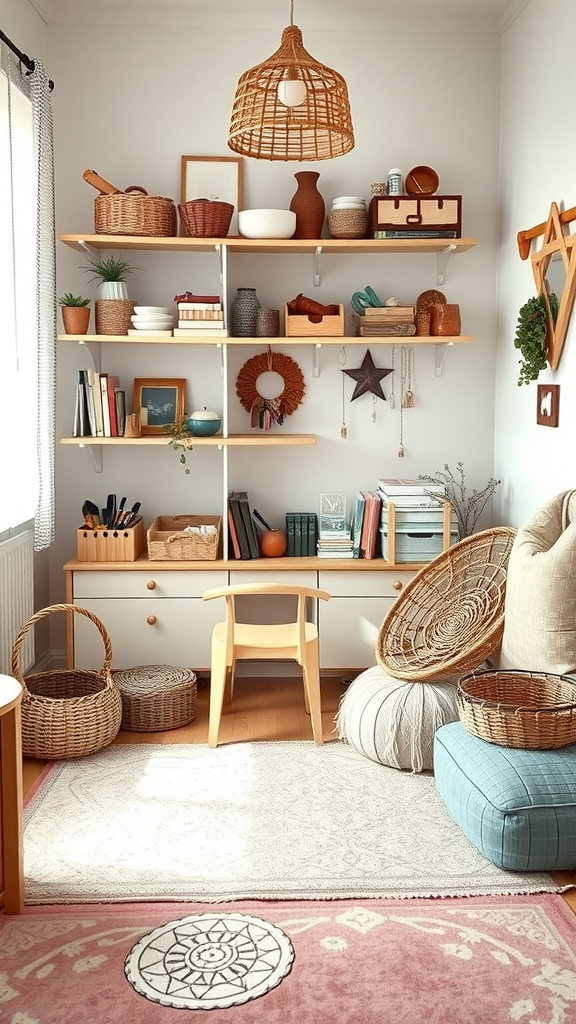 A cozy DIY craft corner with wooden shelves, wicker baskets, and a comfortable chair, designed for creativity and play.