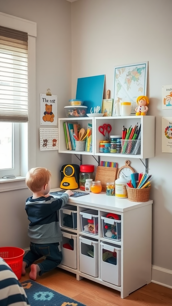 A child kneeling in front of a colorful DIY craft station filled with art supplies.