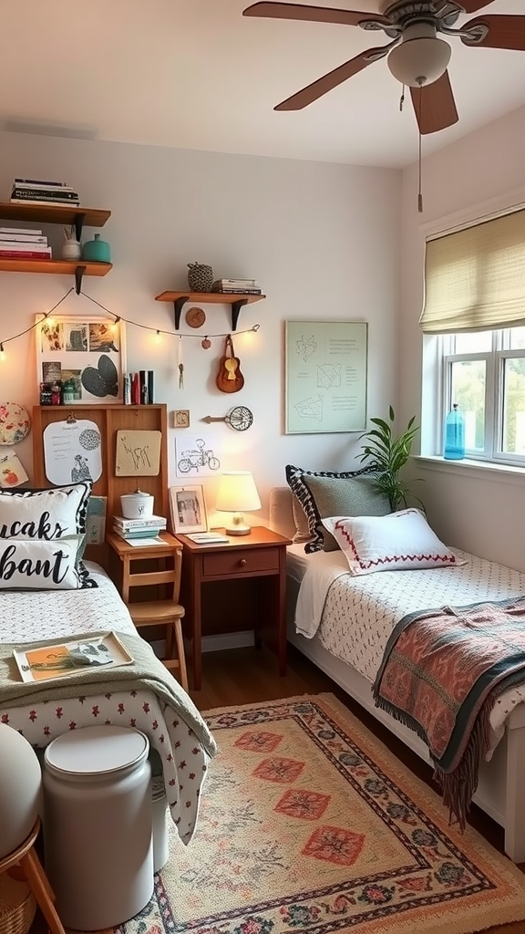 Cozy craft station with shelves, supplies, and two beds in a well-decorated room.