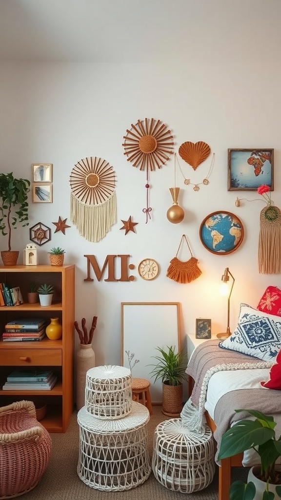 A cozy boho dorm room with woven wall decor, plants, and stylish furniture.