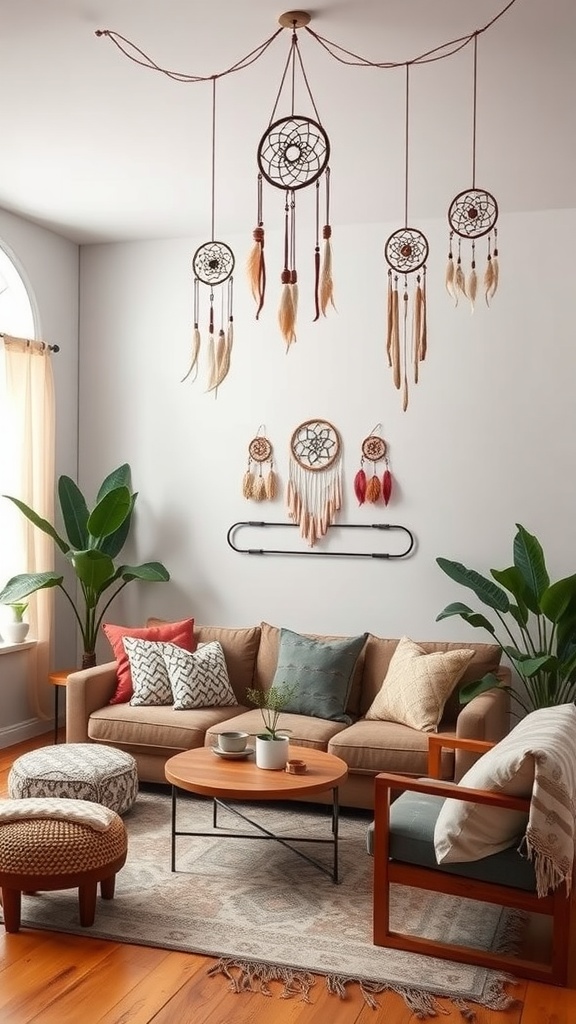 A rustic boho living room featuring DIY dreamcatchers, plants, and cozy furnishings.